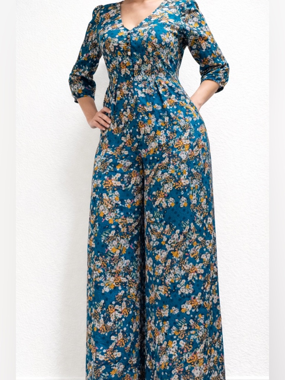 Kachel Anthropologie Silk Blend Floral Wide Leg Palazzo Jumpsuit M